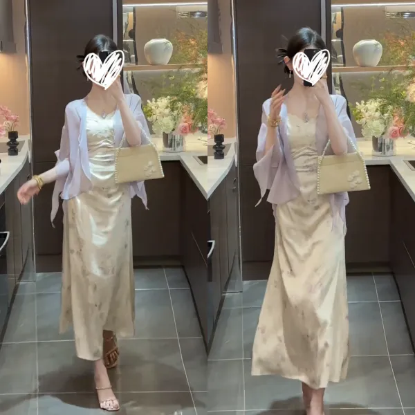 新中式短款披肩防晒衣女气质碎花温柔风缎面印花吊带连衣裙两件套