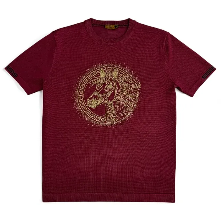 年货男士冬季针织毛衣短袖3078轻奢时尚休闲圆领酒红色重工修身男