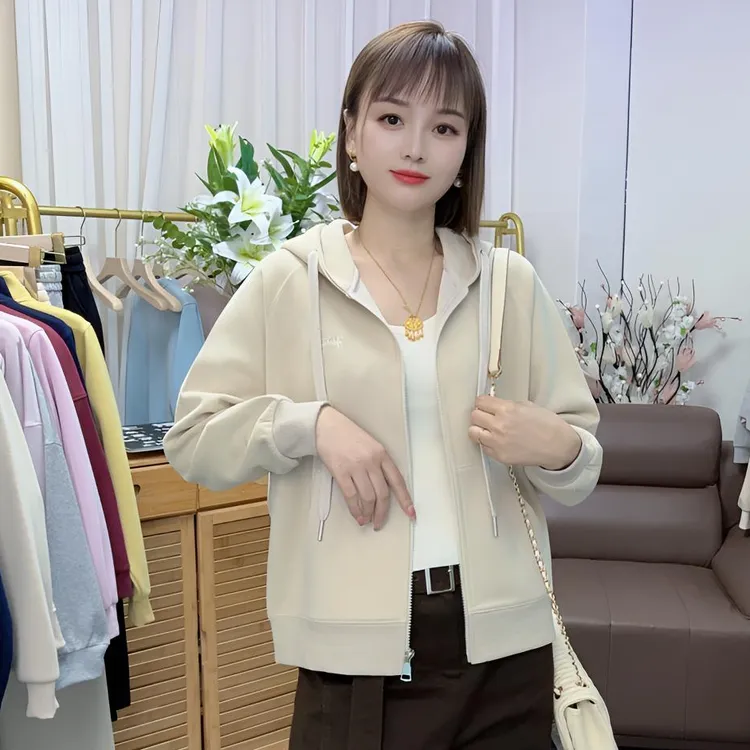 0039插肩袖(加绒/不加绒)秋冬重磅洋气百搭减龄连帽卫衣棉外套女