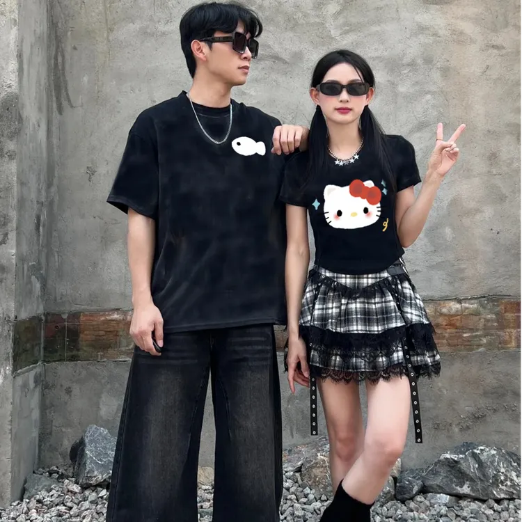 高级感情侣装短袖2025夏季新款小众百搭一长一短套装t恤男女纯棉