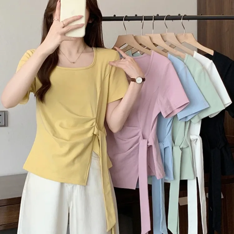 2025夏新胖MM大码女法式圆领不规则绑带别致短袖T恤春游出行衣服