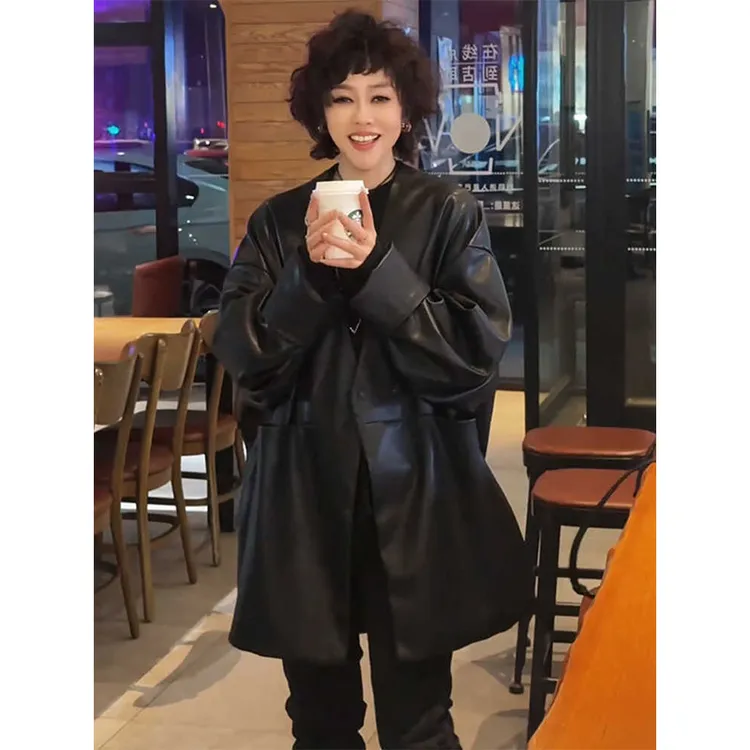 美式宽松V领中长款皮衣外套欧洲站2026春季新款时尚休闲黑色上衣