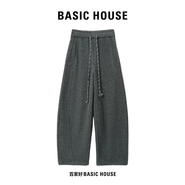 Basic House/百家好韩系休闲裤女2025宽松加厚加绒弯刀裤U252 QY