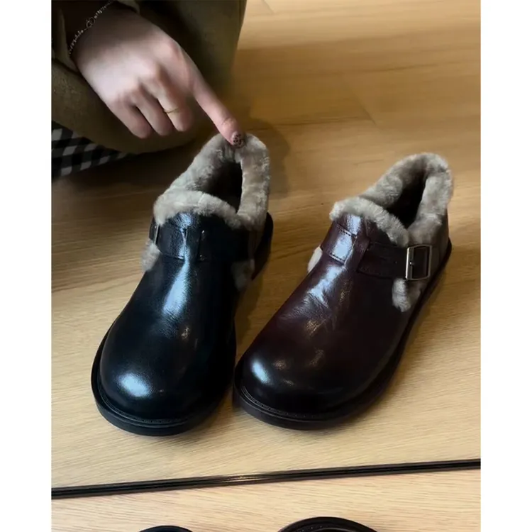 羊皮版~复古加绒勃肯鞋女秋冬新款黑色小皮鞋雪地靴保暖毛毛棉鞋