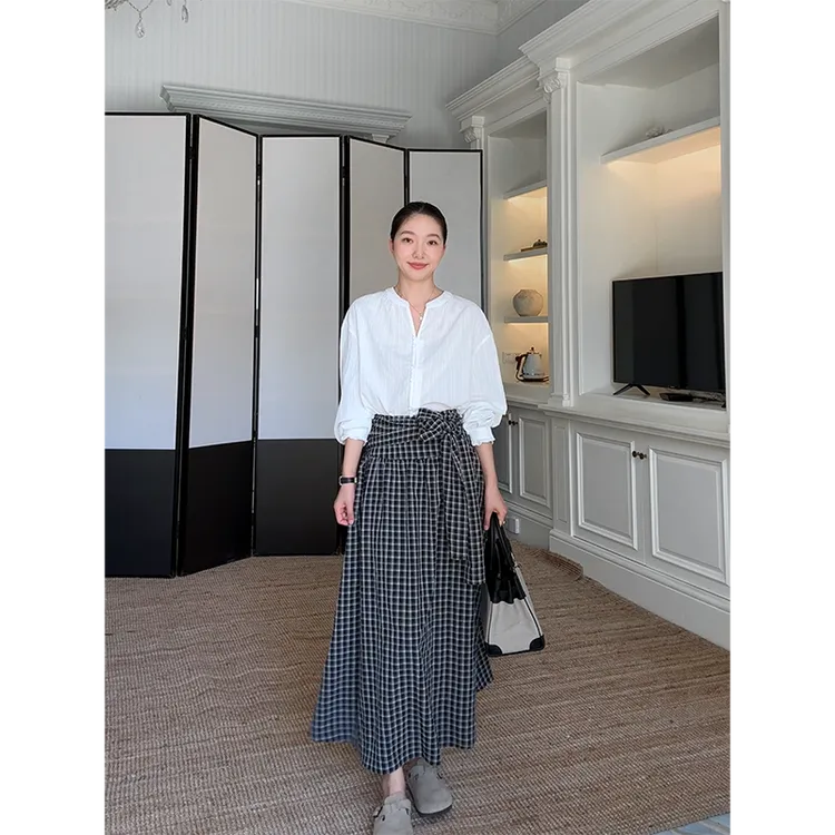 郭九九呢 100%棉V领简约显瘦长袖衬衫系带格子半身裙 G925A13941