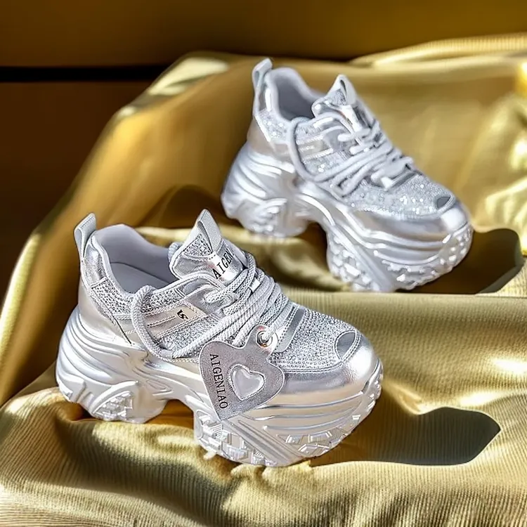 银色内增高厚底老爹鞋女鞋2025新款爆款水钻春秋季休闲运动小白鞋