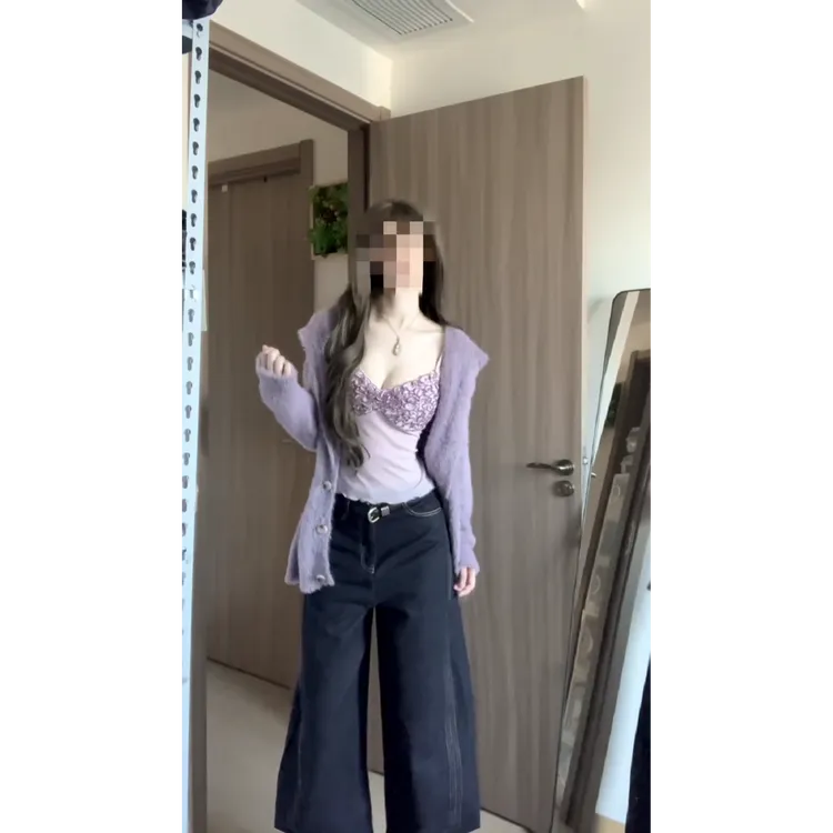 MARIE.COCO少女风纯欲辣妹紫色连帽毛衣外套花边吊带修身牛仔裤子