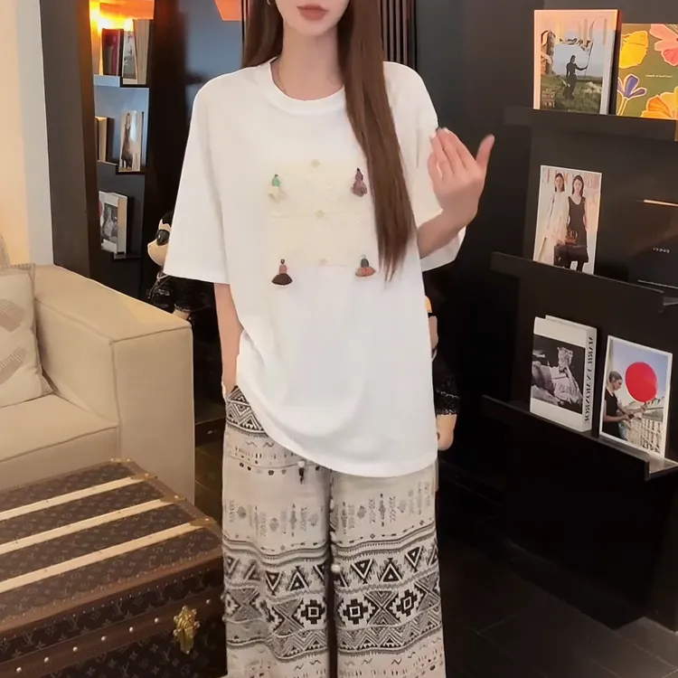 2025夏季新款气质T桖雪花棉民族风蕾丝钩花流苏短袖女LK2503637