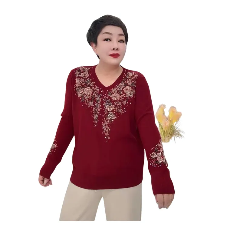 倾城妈妈装7727大码重工V领显瘦百搭纯色针织长袖衫