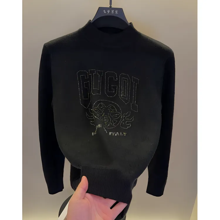 高档半高领烫钻提花针织衫毛衣男士秋冬时尚保暖打底衫男装5127