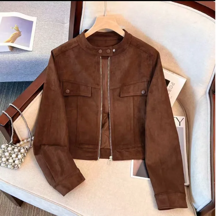 2025秋新款时尚休闲立领长袖短款麂皮绒外套女宽松显瘦百搭上衣