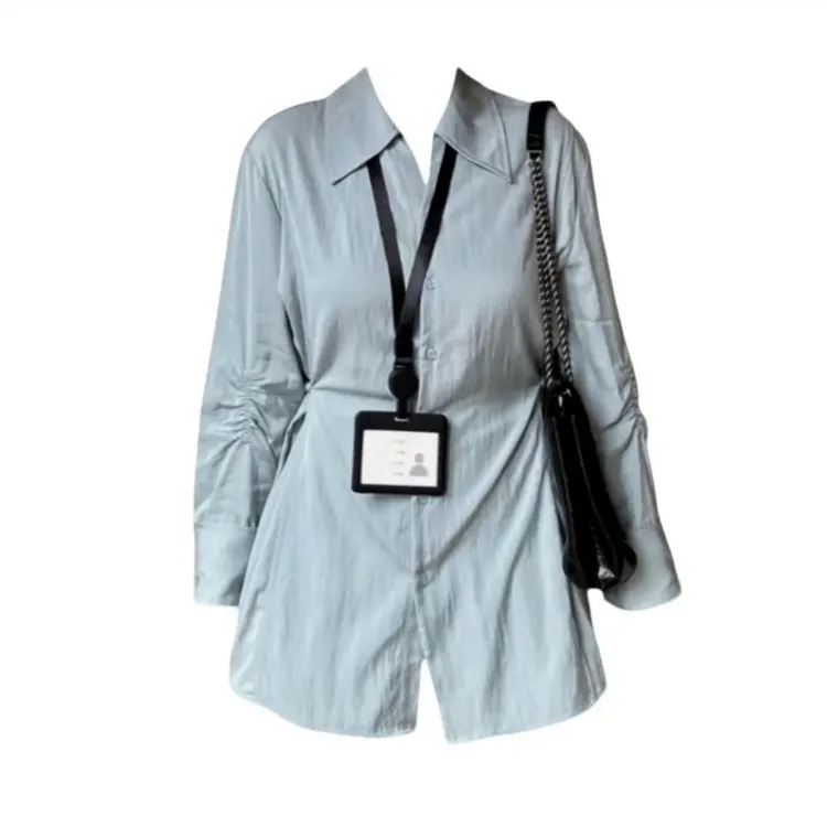 2025款四季通用POLO领衬衫设计感收腰显瘦衬衣中长款排扣上衣8253