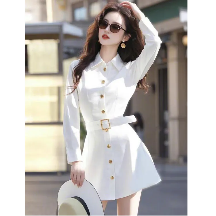 25早春新款今年流行小个子漂亮独特小香风白色时尚气质衬衫连衣裙