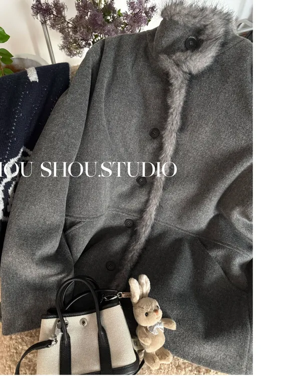 【FANFAN】月球灰拿铁-大码立领羊毛百搭保暖氛围感毛呢外套S02268
