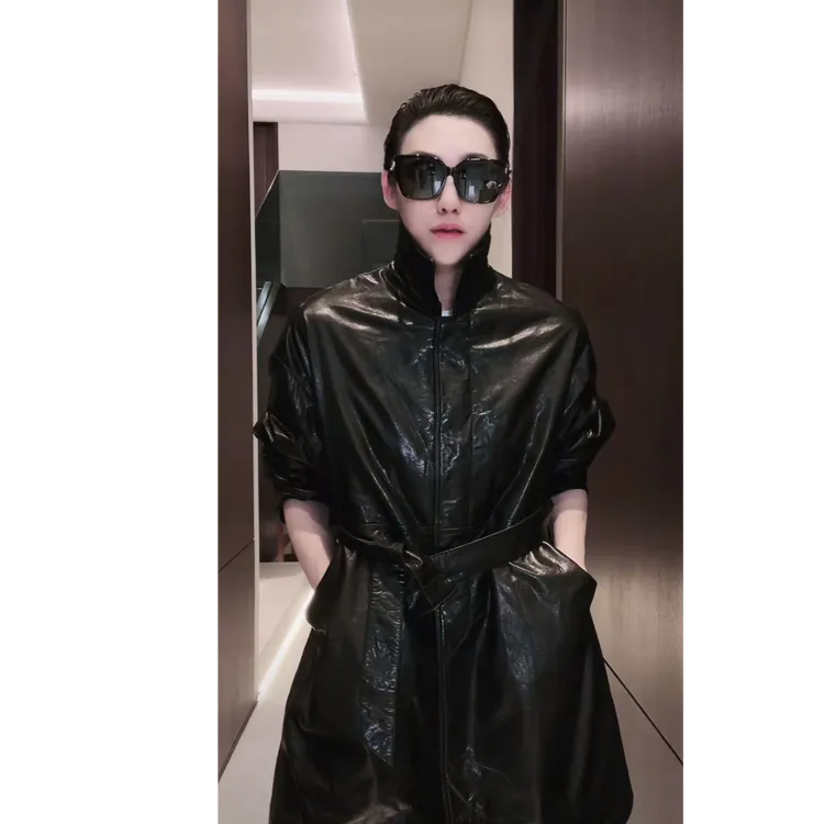 进口 超薄超轻 冰裂纹 碎牛皮 黑色翻领皮衣  鹅绒服  WT1120