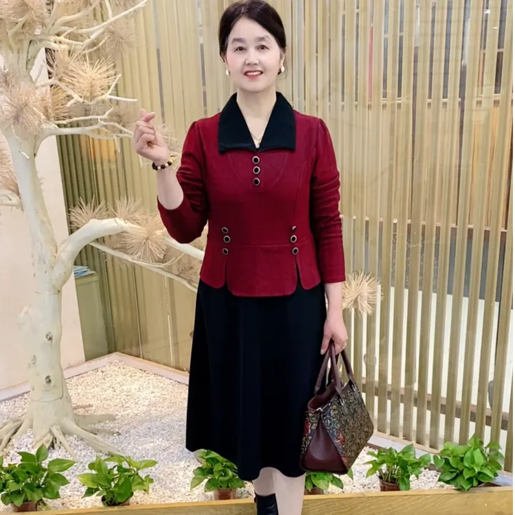新款妈妈装时尚洋气显瘦气质百搭减龄长袖遮肚中长款拼接连衣裙