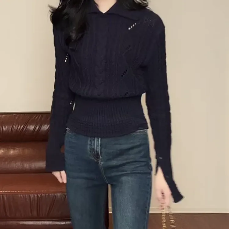 新款翻领麻花下摆收腰显瘦百搭显瘦上衣毛衣女C6222