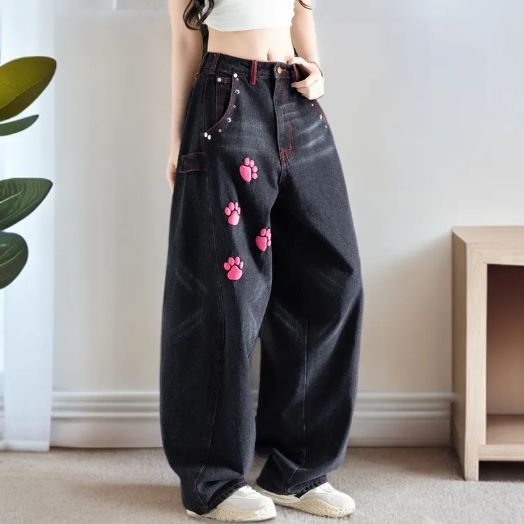 小众涂鸦牛仔裤女2025新款秋季高腰阔腿裤宽松时尚潮牌裤子设计感