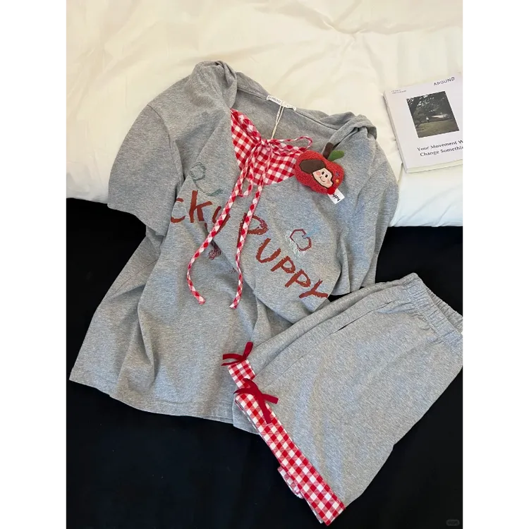 甜美可爱卡通V领连帽小兔耳朵短袖睡衣女夏季新款大码家居服套装