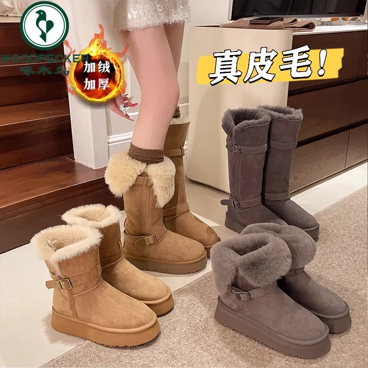 啄木鸟厚底加绒加厚中筒雪地靴女2025新款冬季高筒长筒东北棉鞋子