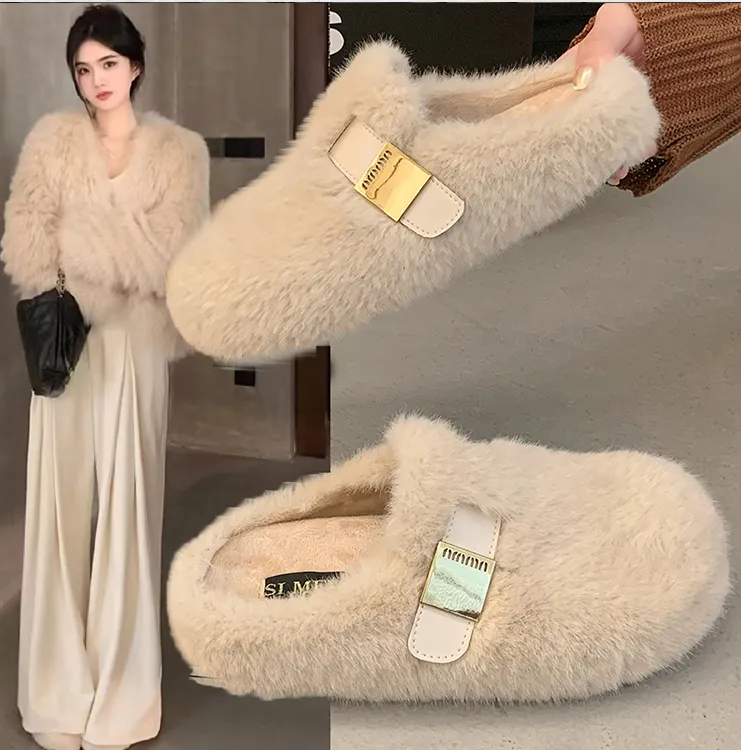 水貂毛厚底增高毛毛拖鞋女外穿2025新款秋冬高级感毛绒包头棉拖鞋