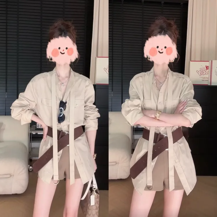 2025洋气衣服女夏季气质卡其苎麻姐感长袖衬衣+万金油卡其短裤