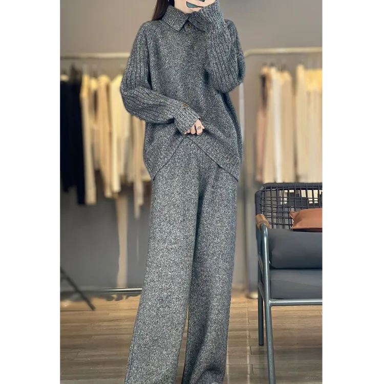 三股加厚100%纯羊毛两件套 系扣高领花纱针织衫+休闲阔腿裤套装