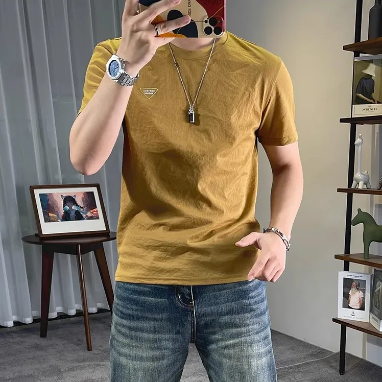 棉麻男轻奢三角标体恤衫青年圆领亚麻休闲麻料短袖男t恤夏季