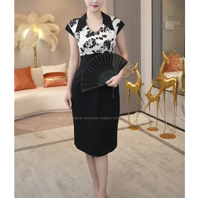 2025年夏季新款【7156】高级感小众气质V领黑白拼接茶歇连衣裙子女