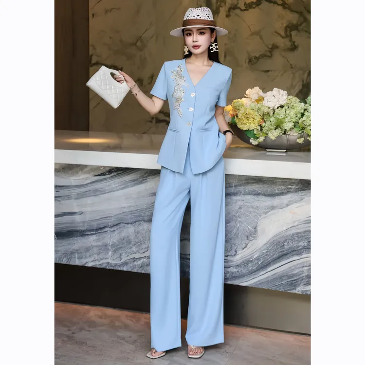 ZEROYK新中式职业套装女夏季高级感国风御姐范钉花西装长裤两件套