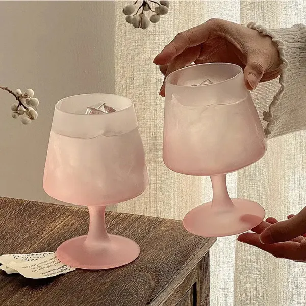 法式渐变粉磨砂高脚家用玻璃杯高颜值香槟鸡尾酒杯氛围饮料杯子款