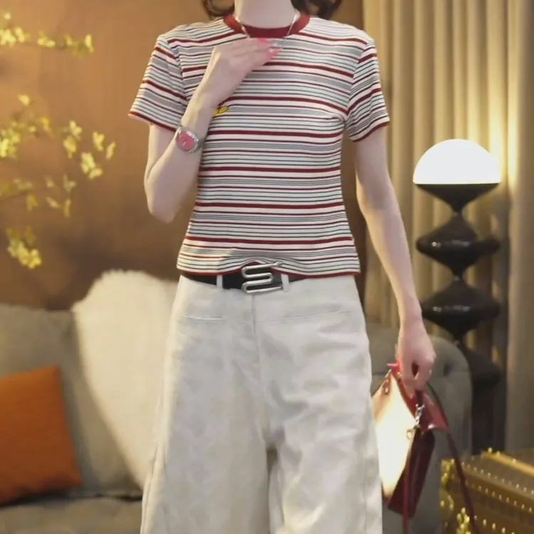 设计感经典重工卡通刺绣条纹休闲短袖T恤女2025夏季新款圆领上衣