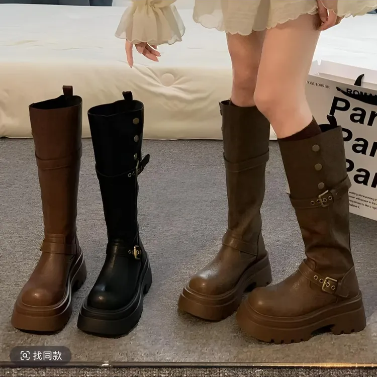 两穿厚底不过膝高筒靴女复古英伦风皮带扣骑士靴美拉德棕色长筒靴