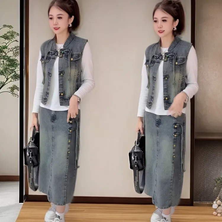 牛仔时尚套装女2025秋季新款盘扣牛仔马甲半身裙显瘦洋气三件套