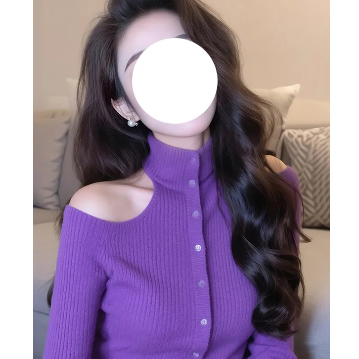 秋冬巨好看紫色高领针织打底衫女内搭设计感小众露肩绝美长袖上衣