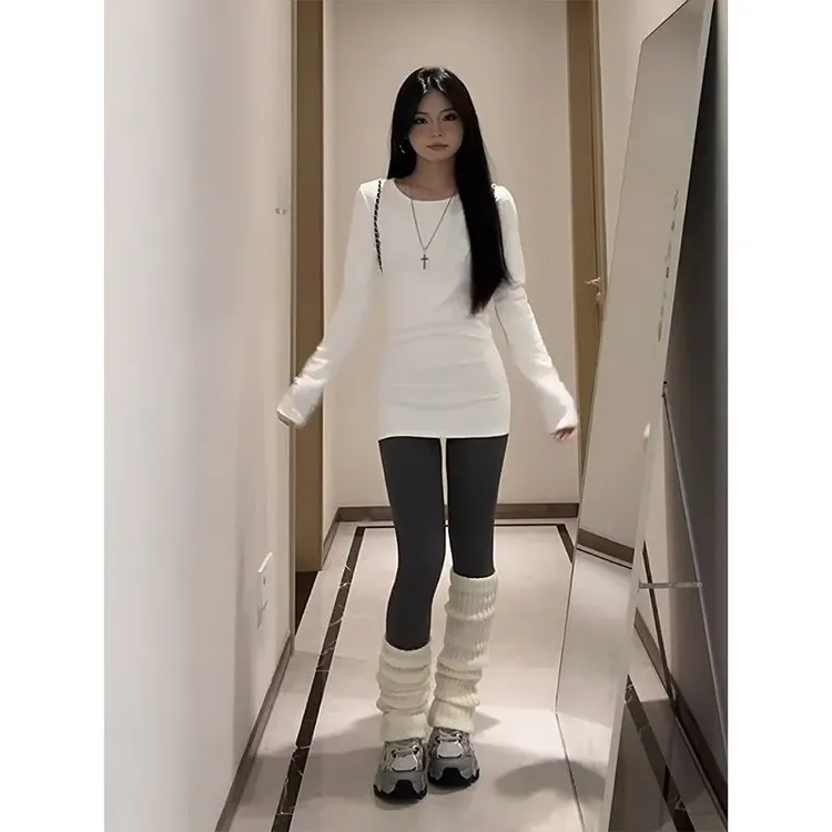 德绒正肩打底长袖韩系秋冬新款辣妹圆领修身内搭长款T恤上衣女ins