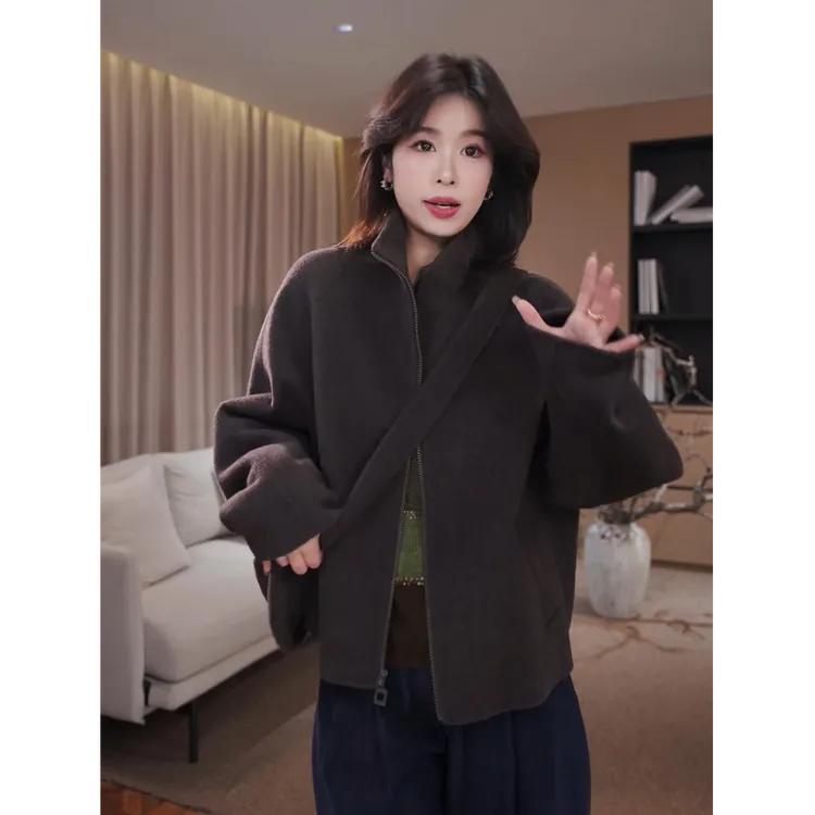 广州琴姐【多伦多】时尚高级感带包包立领双面毛呢外套女秋款 35094