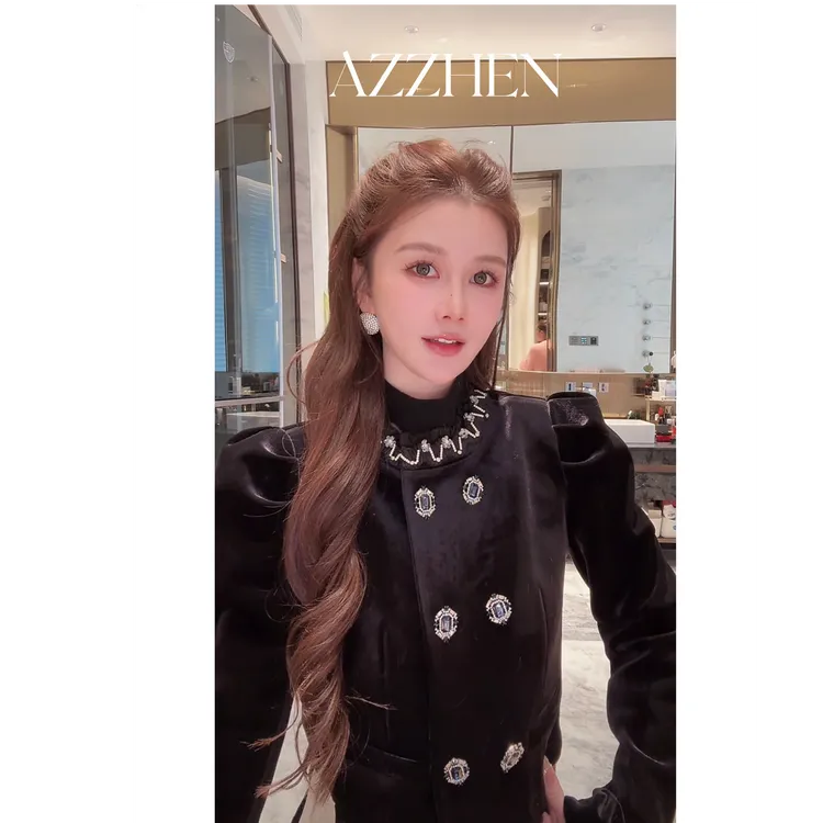 AZZHEN【皇家宝石】高奢千金风上衣外套+亮钻蝴蝶结百褶丝绒裙套装