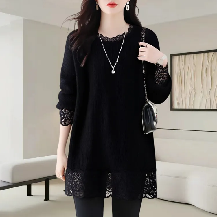 2025秋冬新款女宽松遮肉拼接蕾丝钩花洋气上衣圆领中长款针织衫