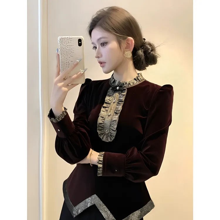 法式轻奢复古撞色丝绒衬衫女秋冬高级设计感秋冬收腰显瘦长袖上衣