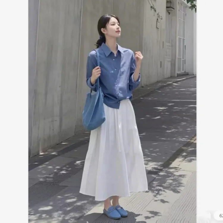 气质两件套连衣裙新款早春高级感减龄超火衬衫搭配白色半身裙女