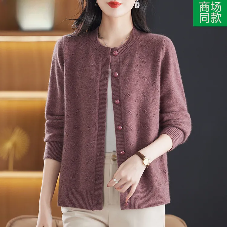 鄂尔多斯市羊毛衫女秋冬厚毛衣外套圆领中老年妈妈针织开衫外搭