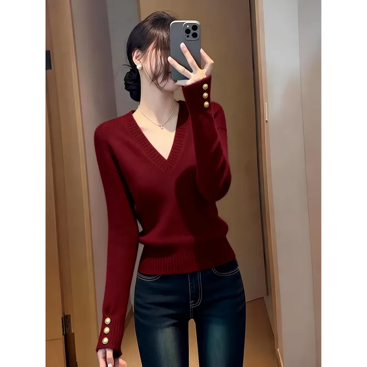 2025冬季新款法式别致漂亮红色针织衫圣诞氛围感V领长袖上衣女装