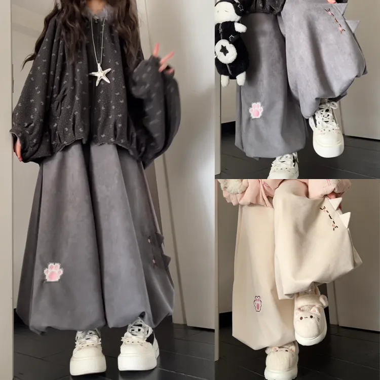 原创设计小猫耳朵灰色加绒灯笼裤宽松加厚高腰阔腿裤小个子花苞