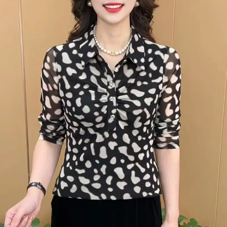 2025早秋新款时尚翻领印花长袖洋气妈妈装修身显瘦百搭女士打底衫