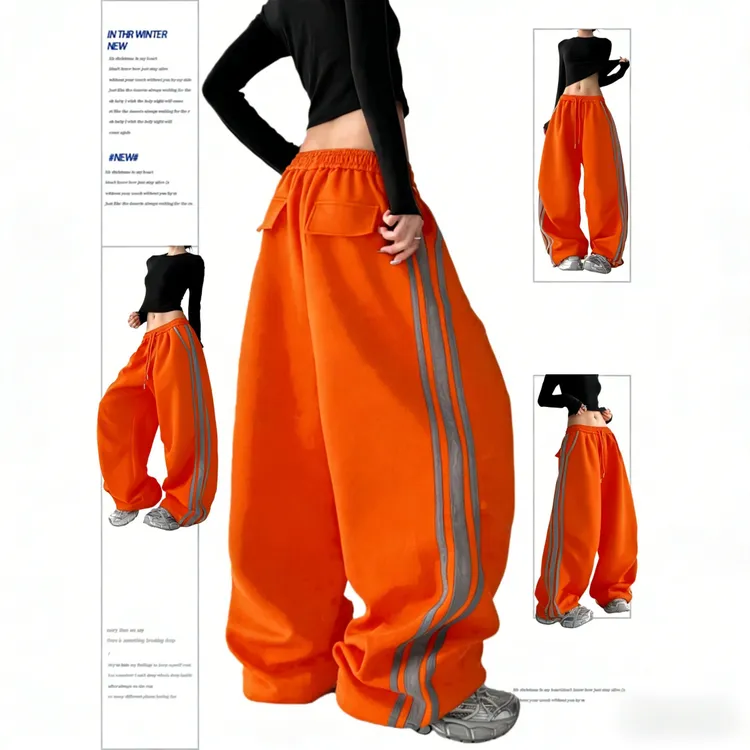 冬厚款加绒新款美式工装裤女橘色运动裤舞蹈裤街头阔腿休闲裤子