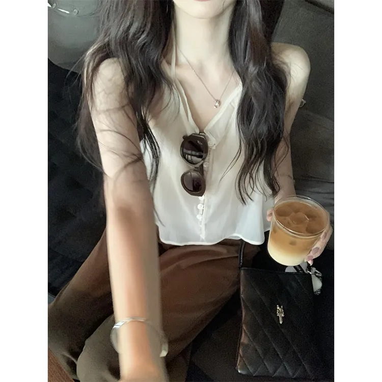 2025春季穿搭女士排扣法式小众网纱假两件显瘦气质上衣直筒休闲裤