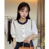 夏季新款时尚法式复古撞色百搭显瘦白衬衫百搭拼接短袖上衣女