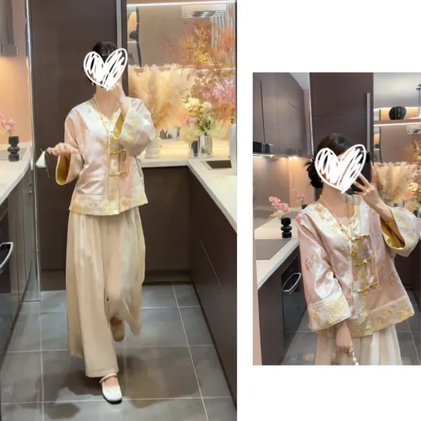2025秋季新款重工刺绣缎面提花外套女阔腿裤高腰百搭休闲裤两件套