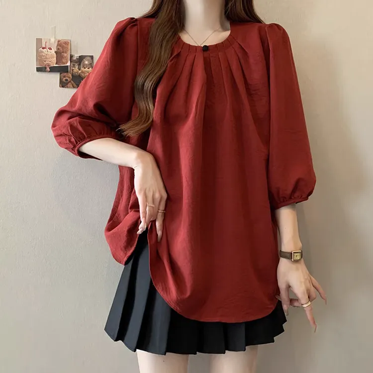 大码女2025夏季红色高级感短袖衬衫胖mm宽松遮肚子雪纺娃娃衫上衣